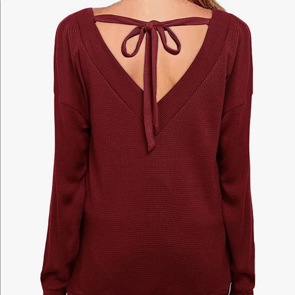 Tie back, deep V, waffle knit long sleeve top